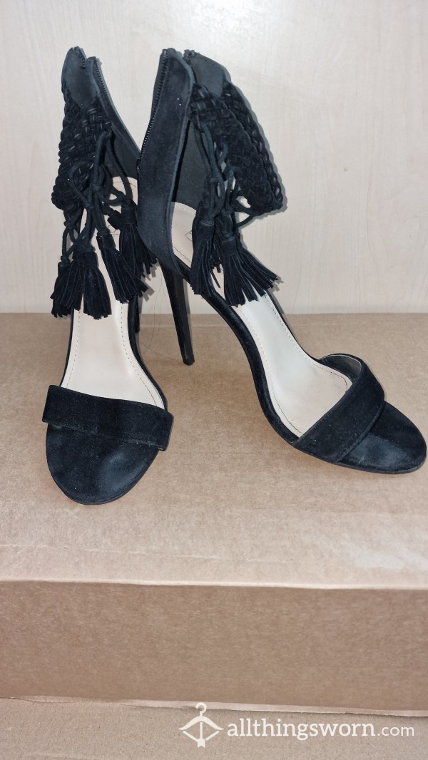 Well Worn Black Suede Stilettos With Tassels, Longer Wears Available