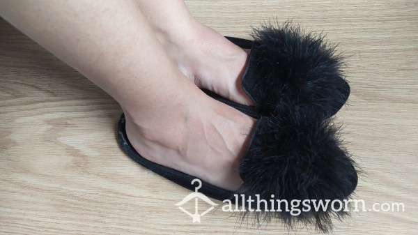Well-worn Black Velvet Slippers With Fuzzy Ostrich Feathers By Oysho
