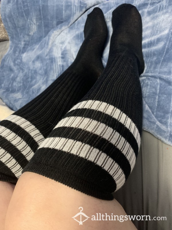Well Worn Black With White Stripes Knee High Socks