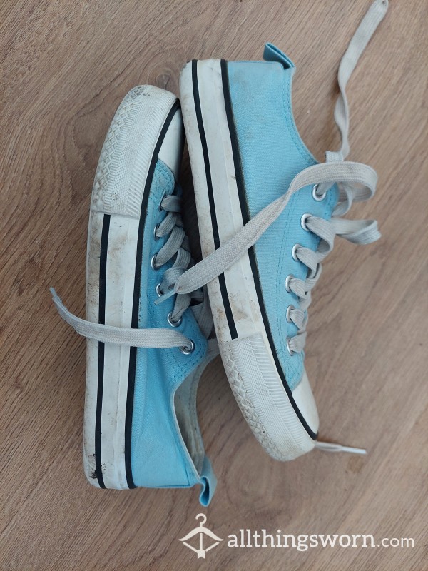Well Worn Blue Converse Style Trainers, Size 3 Visible Foot Prints