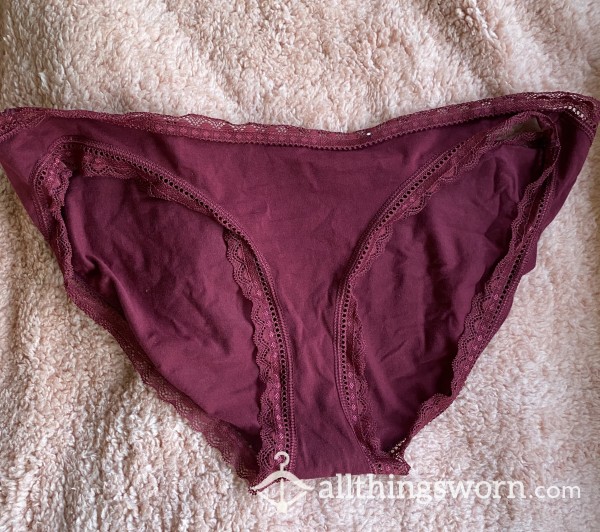 Well Worn, Burgundy Cotton And Lace Panties