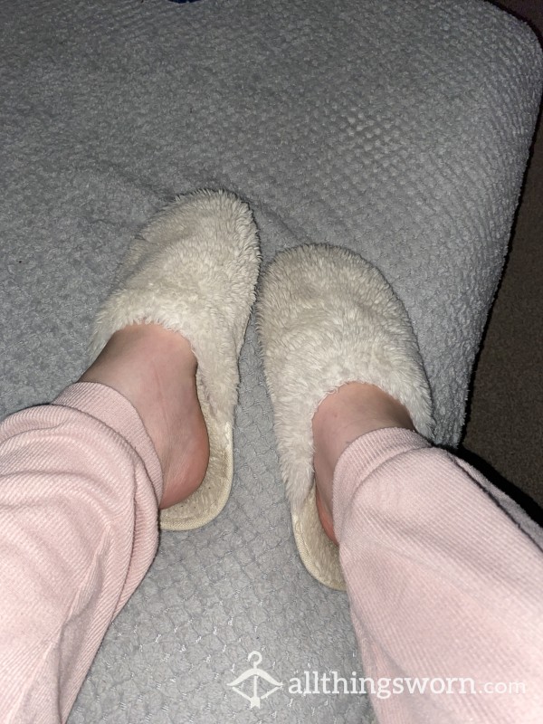 Well Worn Cream Slippers. Super Comfortable And Dirty!