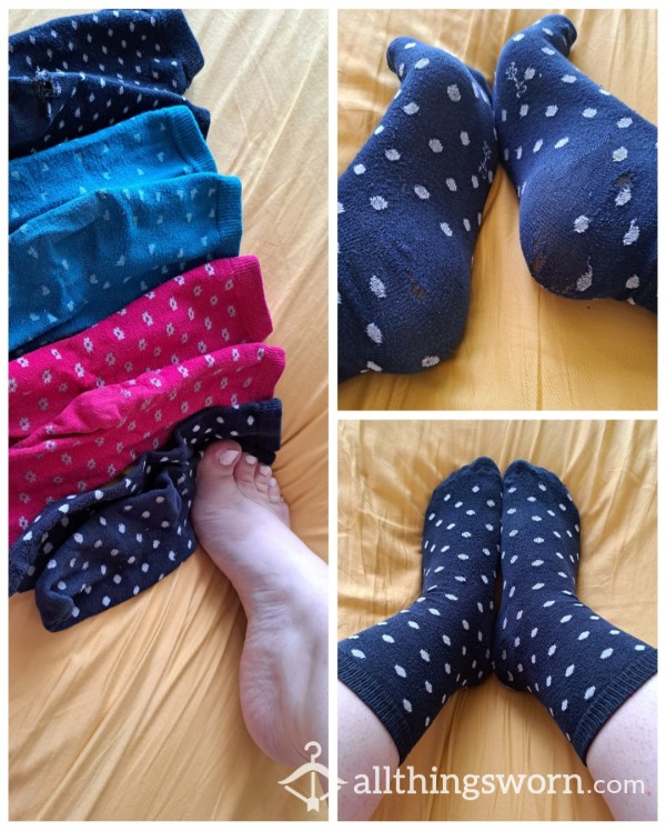 Well-worn Dark Blue Cute Socks With Thinning Fabric And Holes 🧦 48h Wear