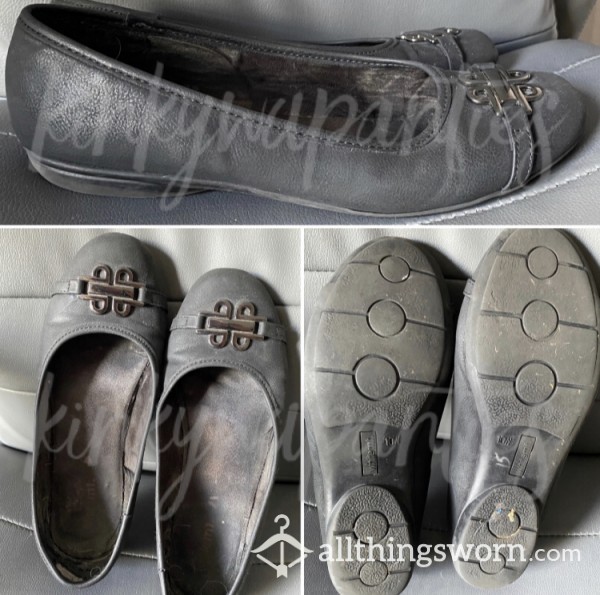 Well-Worn Black/Dark Gray Flats With Metal Embellishment - Includes U.S. Shipping!