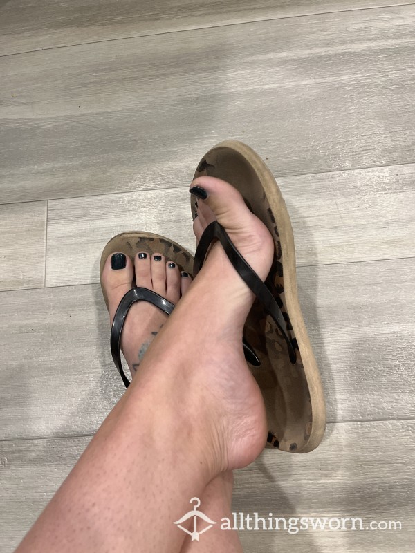 Well Worn Flat Sandals With Dirty Feet Indents From A Sexy Milf