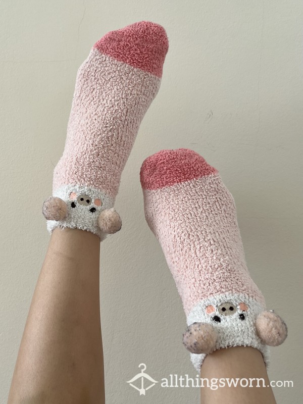 Well-worn Fuzzy Pink Pig Socks With Pom Poms