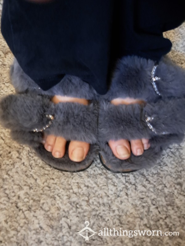 Well-Worn Grey Furry Slippers
