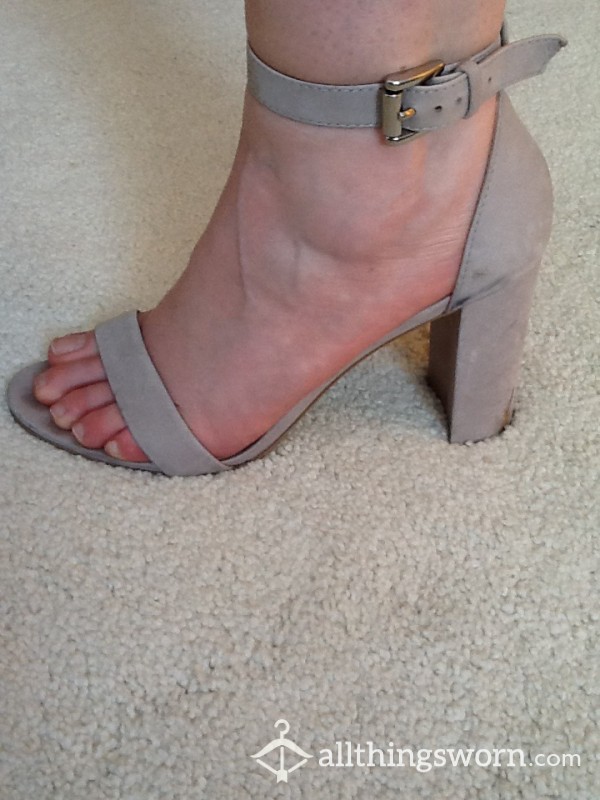 Well Worn Heeled Strappy Shoes, Light Grey Suede, Toe Marks Visible