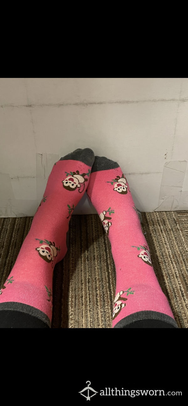 Well-Worn Medium Length Pink Monkey Socks