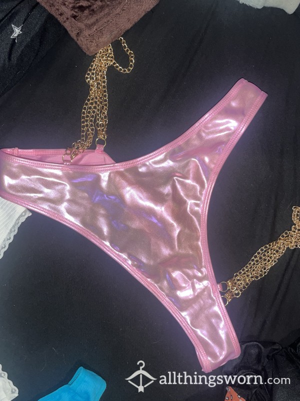 Well Worn Metallic Pink Thong With Chain
