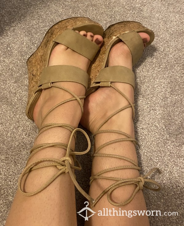 Well Worn Nude Strappy Heeled Wedges