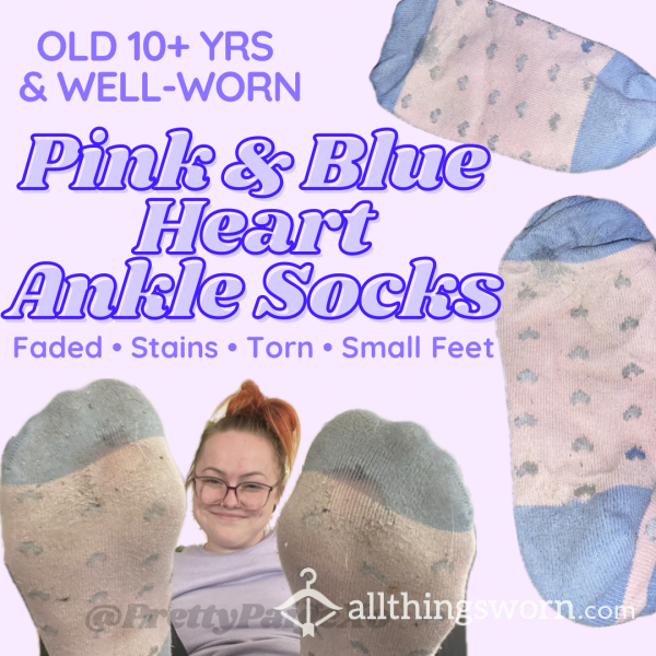 Pink & Blue Hearts Ankle Socks🩵 48HRS+ 🩷 Well-worn, Favorite.. OLD, Stained & Torn 😈 Small Size 5.5 Feet 👣