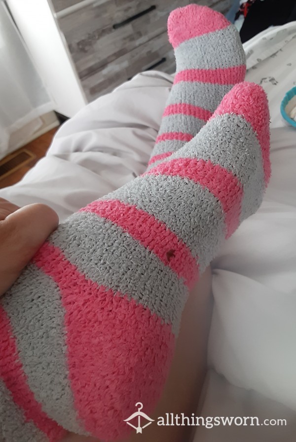 Well-worn, Pink And Gray Striped, Fuzzy Socks