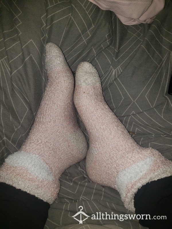 Well Worn Pink And White Bedsocks *hyperhydrosis* Worn At Farm Today