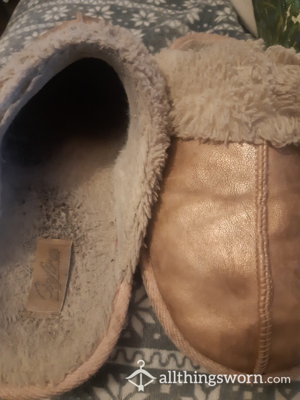 Well Worn Pink Shiny Fur Slippers