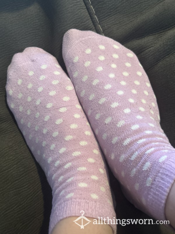 Well Worn Pink Socks With White Polka Dots