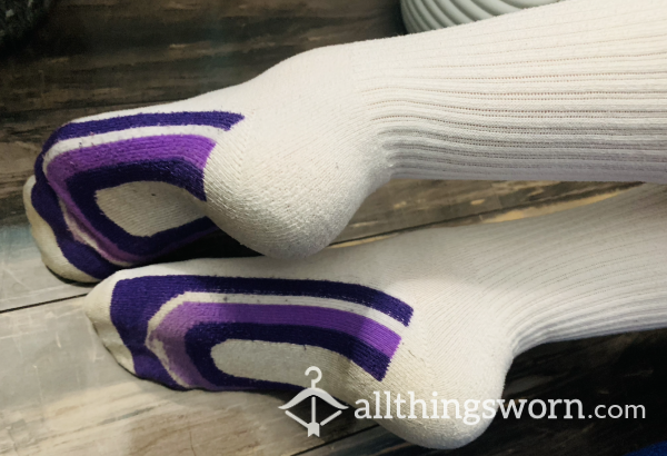 Well-Worn Purple And White Crew Socks