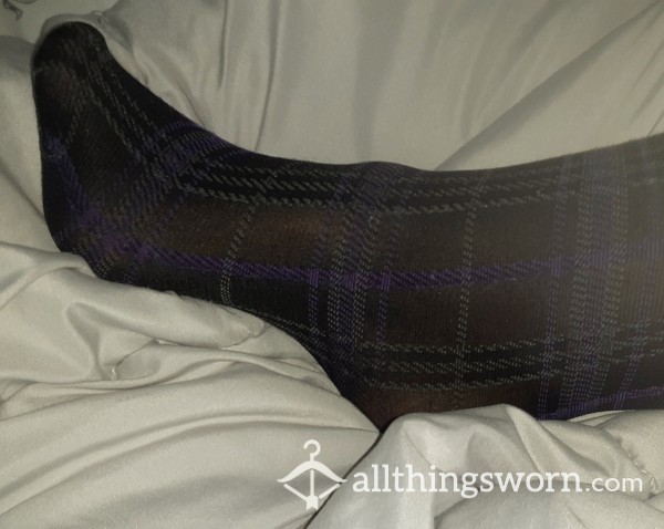 Well-worn, Purple, Gray, & Black Plaid Patterned Tights