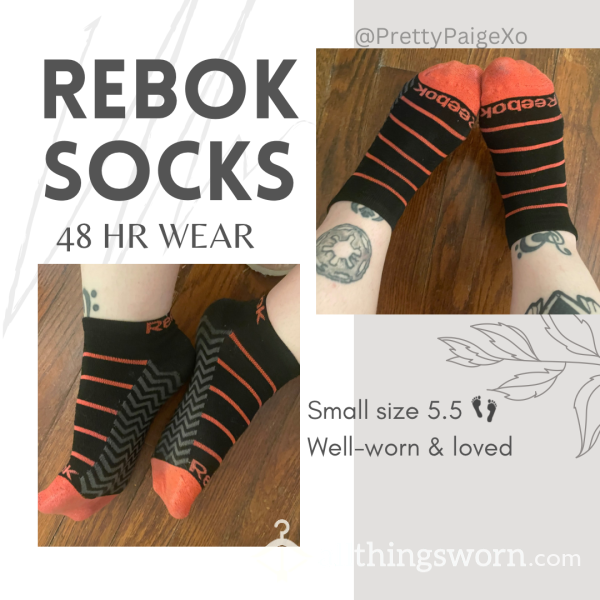 💋 Well-worn Rebok Black & Orange Striped Socks 🧡👣 Worn 48 Hrs 🫶🏼