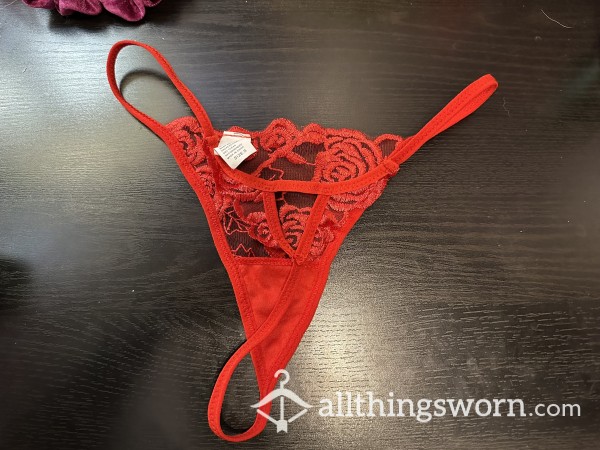 Well Worn Red Lace Cotton G String Panty