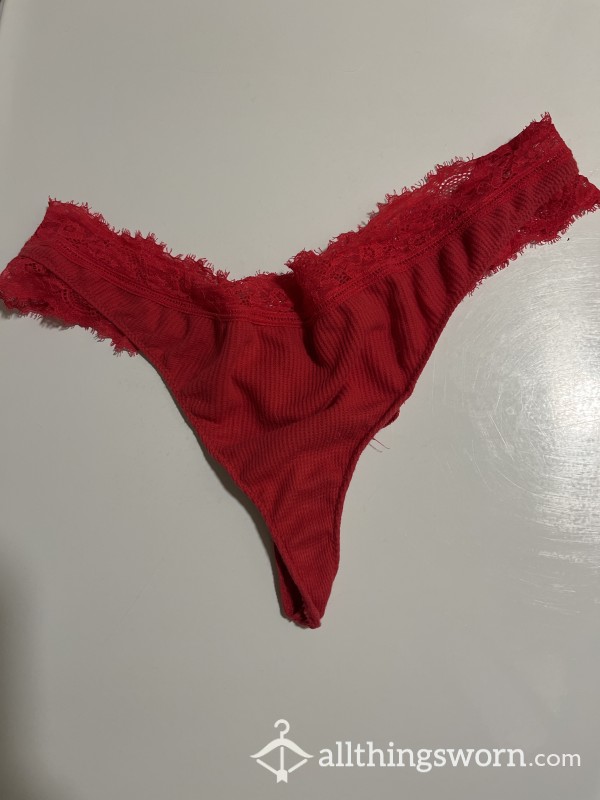 Well Worn Red Thong With Lace