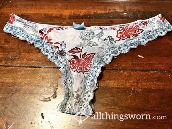 Well-Worn Silky Patterned Thong With Lace Detail