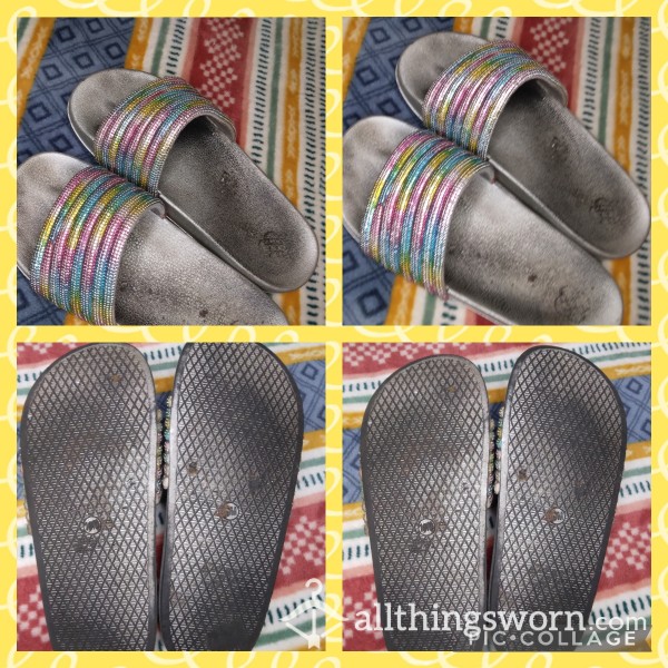 WELL-WORN SIZE 9[US] SILVER & BEJEWELED SLIP-ON SANDALS 🩴