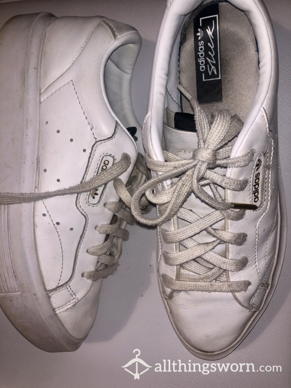 Well Worn White Platform Adidas Sneakers | Size 8
