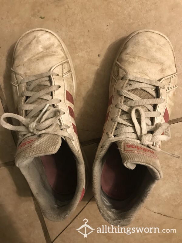 Well Worn White And Pink Adidas Sneakers
