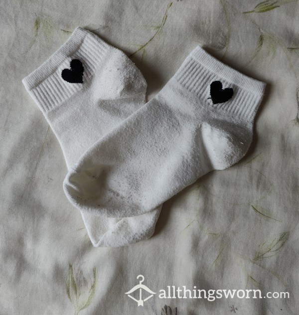Well-worn White Ankle Socks With Black Heart Embroidery