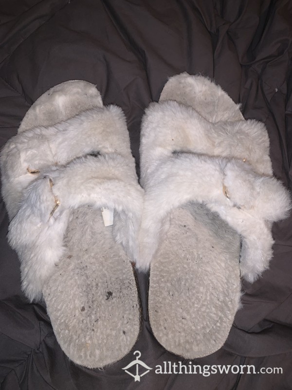Well-worn White Fuzzy Slippers Size 10