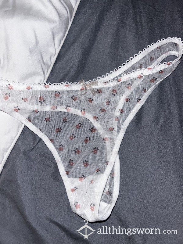 Well-Worn White Mesh Pink Flowers Pattern Panties/Thong