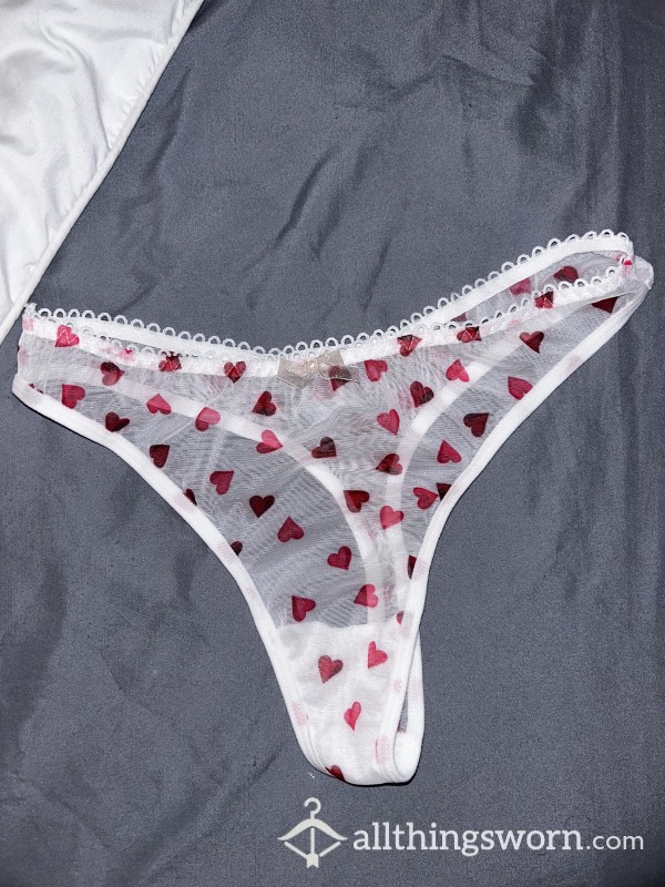 Well-Worn White Mesh Red Hearts Panties/Thong
