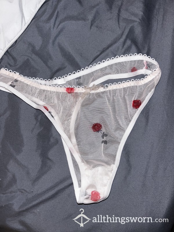 Well-Worn White Mesh Red Roses Pattern Panties/Thong