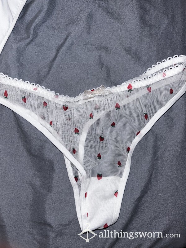Well-Worn White Mesh Strawberry Pattern Panties/Thong