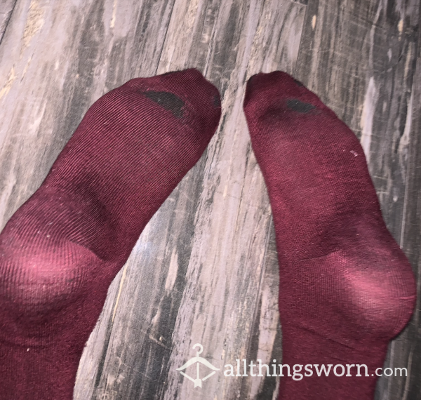 Well-Worn Wine Red Socks W/ Worn Spots