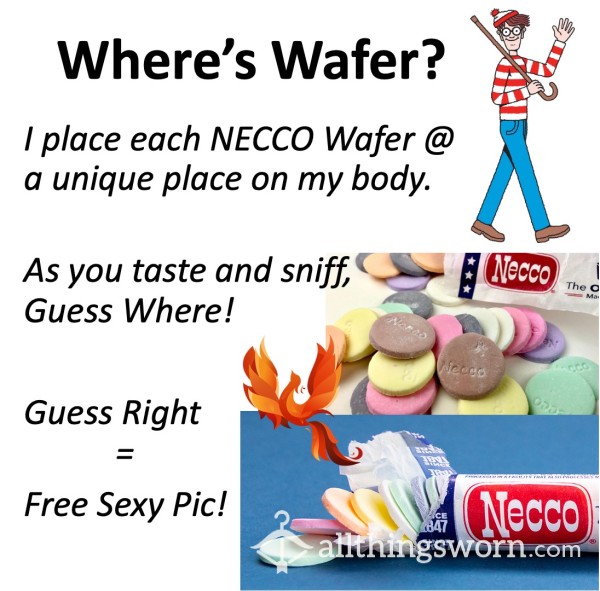 Where's Wafer? (Play On "Where's Waldo?")  Xx  I Hide NECCO Wafers (a Local Candy) In/on Various Parts Of My Body!  ;) Xx  As You Taste And Sniff Each One, You Must Guess Where I Hid It!  Xx 