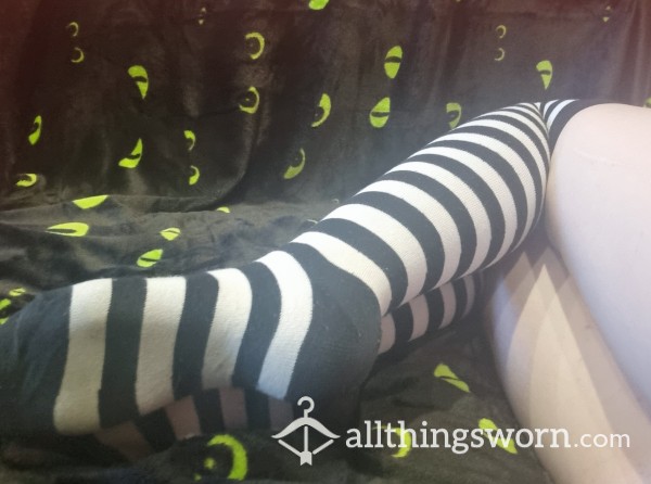 White And Black Striped Soft Thigh Highs 3 Day Wear