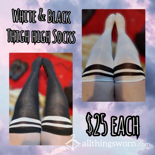 White And Black Thigh High Socks [shipping Included]