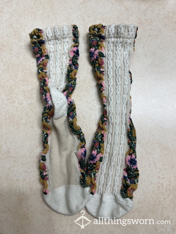 White And Floral Trouser Socks