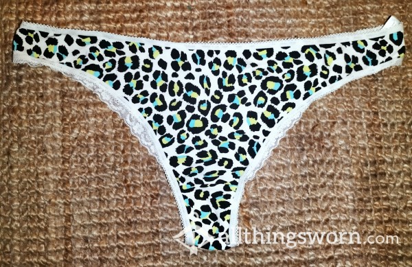 White And Lime Leopard Print Lace Trim Brazilian Panties.