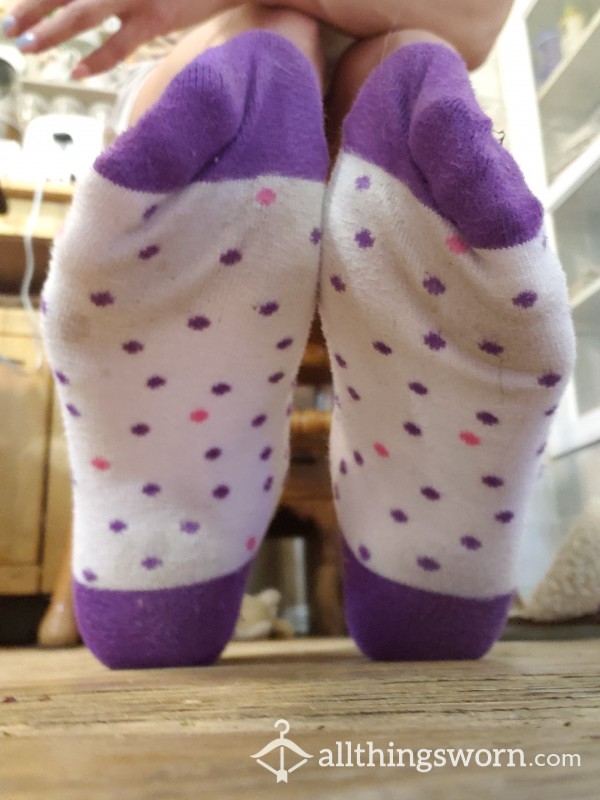 White And Purple Socks With Pink And Purple Polka Dots 4 Days Wear Ships Free ✈️