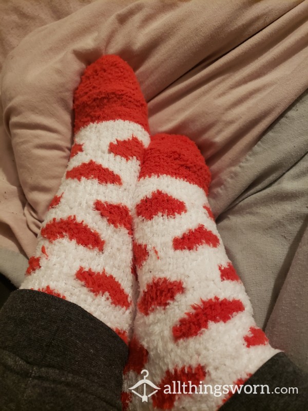 White And Red Fluffy Bedsocks