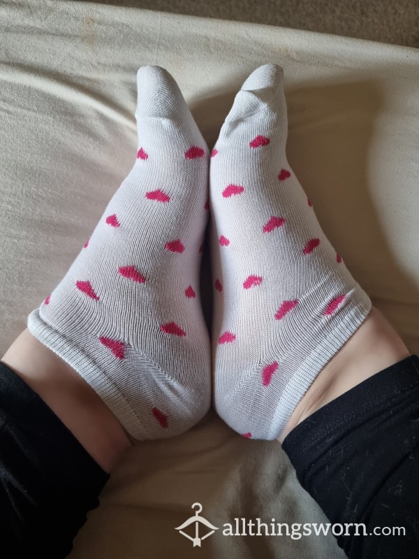 White And Red Heart Print 'Valentines' Ankle Socks - To Be Worn On My Filthy Feet In My Smelliest Shoes For 24 Hours (or More ;)) - Addons Available !