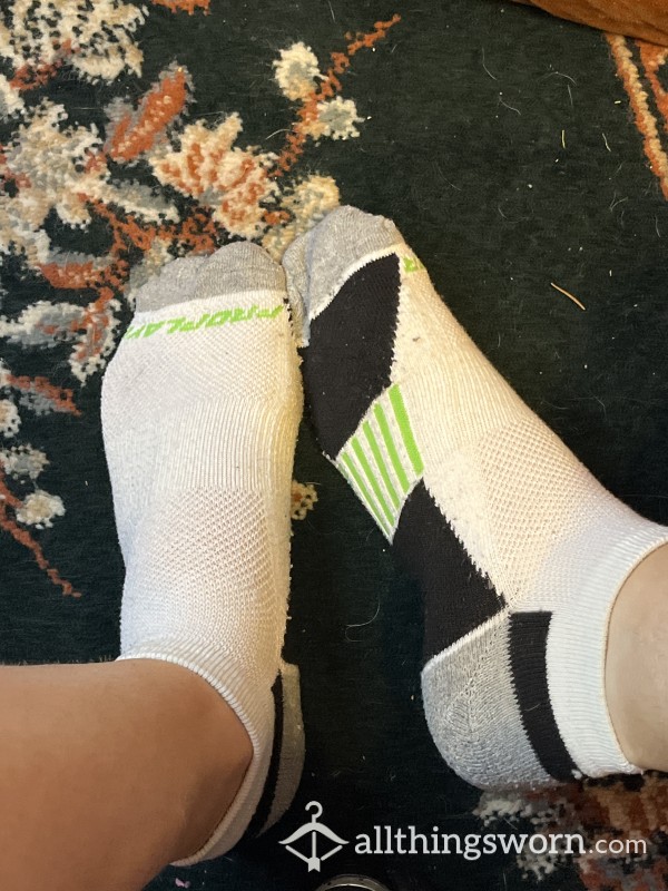 White Ankle Socks With Black, Green And Grey Bottoms
