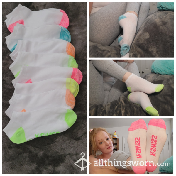 White Ankle Socks With Colored Toes  - To Be Worn 2 Days Free, Can Be Mismatched! Shipping Included.