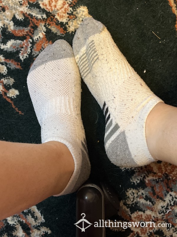 White Ankle Socks With Grey Soles And Toes And Black Stripes