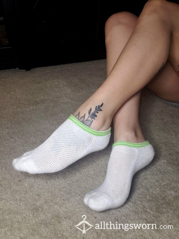 White Ankle Socks With Lime Green Lining On Petite Little Asian Tiny Japanese Feet Smelly Delicious