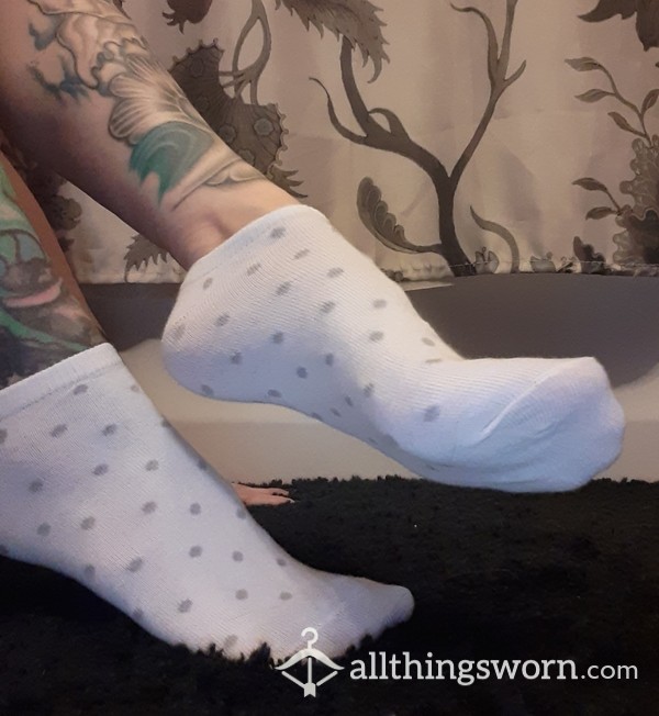 White Ankle Socks With Silver Polka Dots