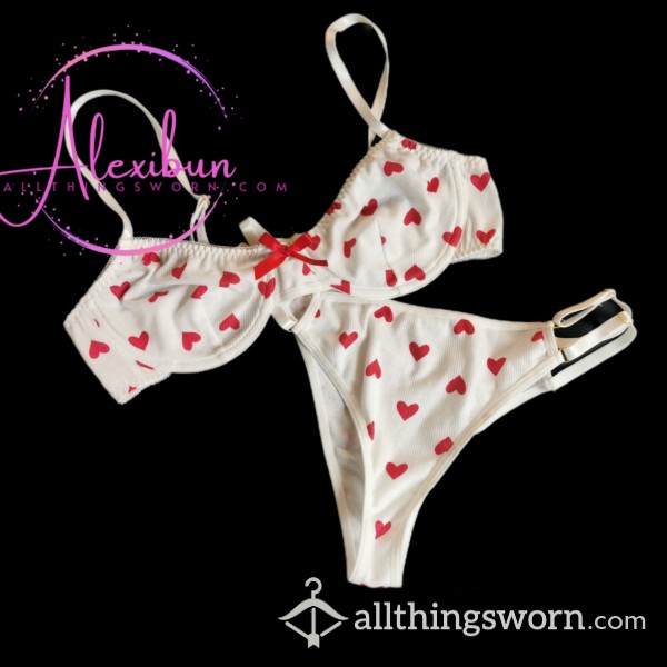 CLEARANCE White Cotton With Red Hearts Bra And Panty Set - Shipping Included!